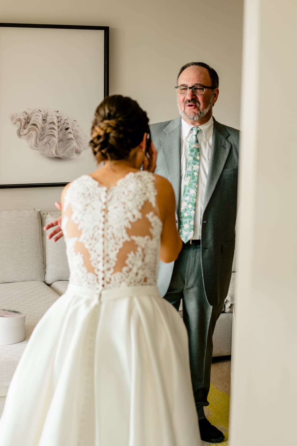 First look between bride and her father at Bakers cay resort