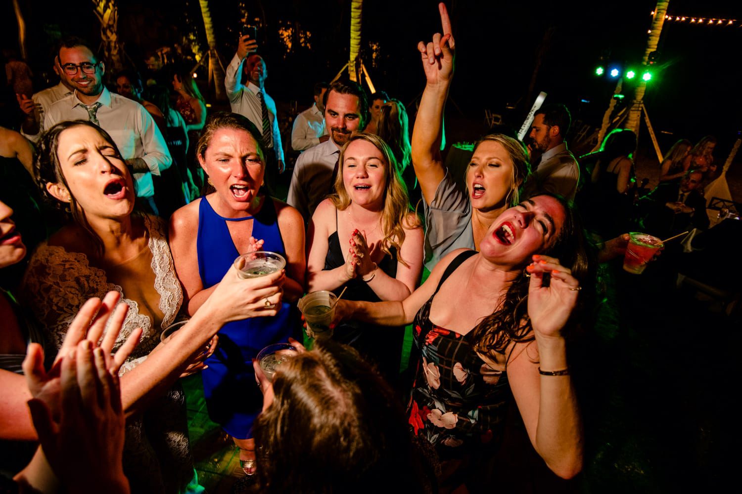 A group of people celebrating at a wedding party.