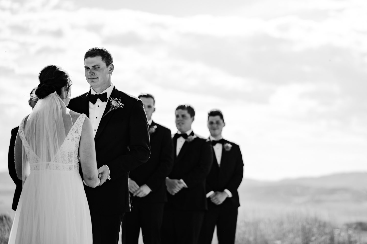 A black and white photo of a wedding ceremony in Steamboat Springs.