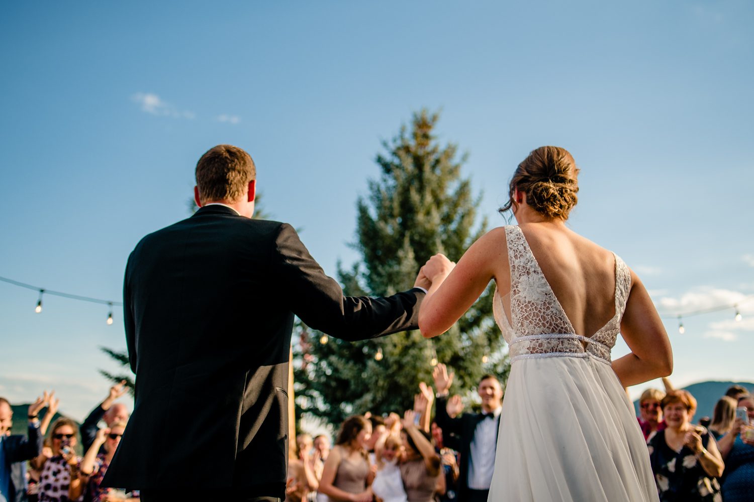 A bride and groom dancing at their Steamboat Springs wedding.