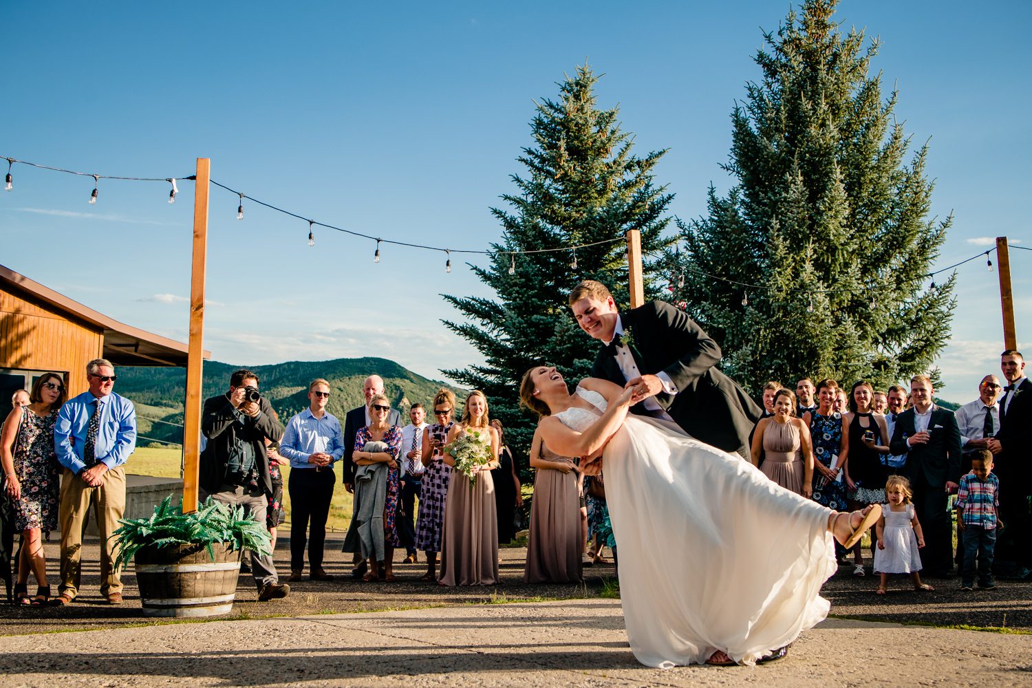 A bride and groom dancing at a Steamboat Springs wedding.