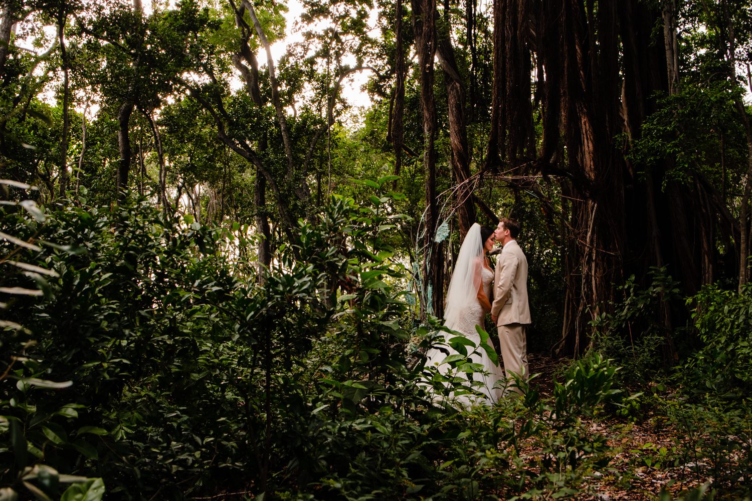 wedding couple taking photo beneath banyan tree at bakers cay resort