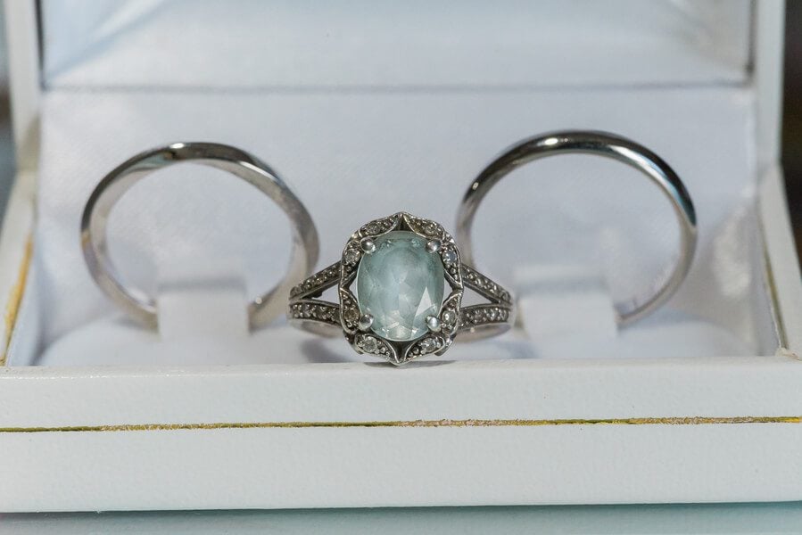Aquamarine and diamond engagement ring set for a Key West wedding.