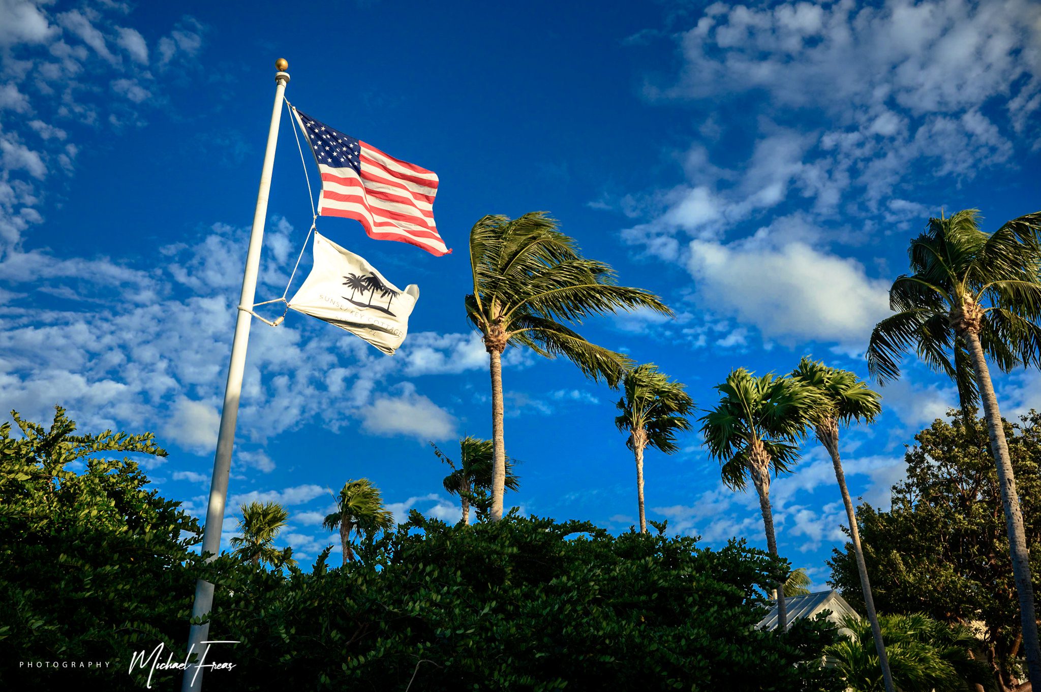 A flag flies in front of a palm tree at a Florida Keys destination wedding.