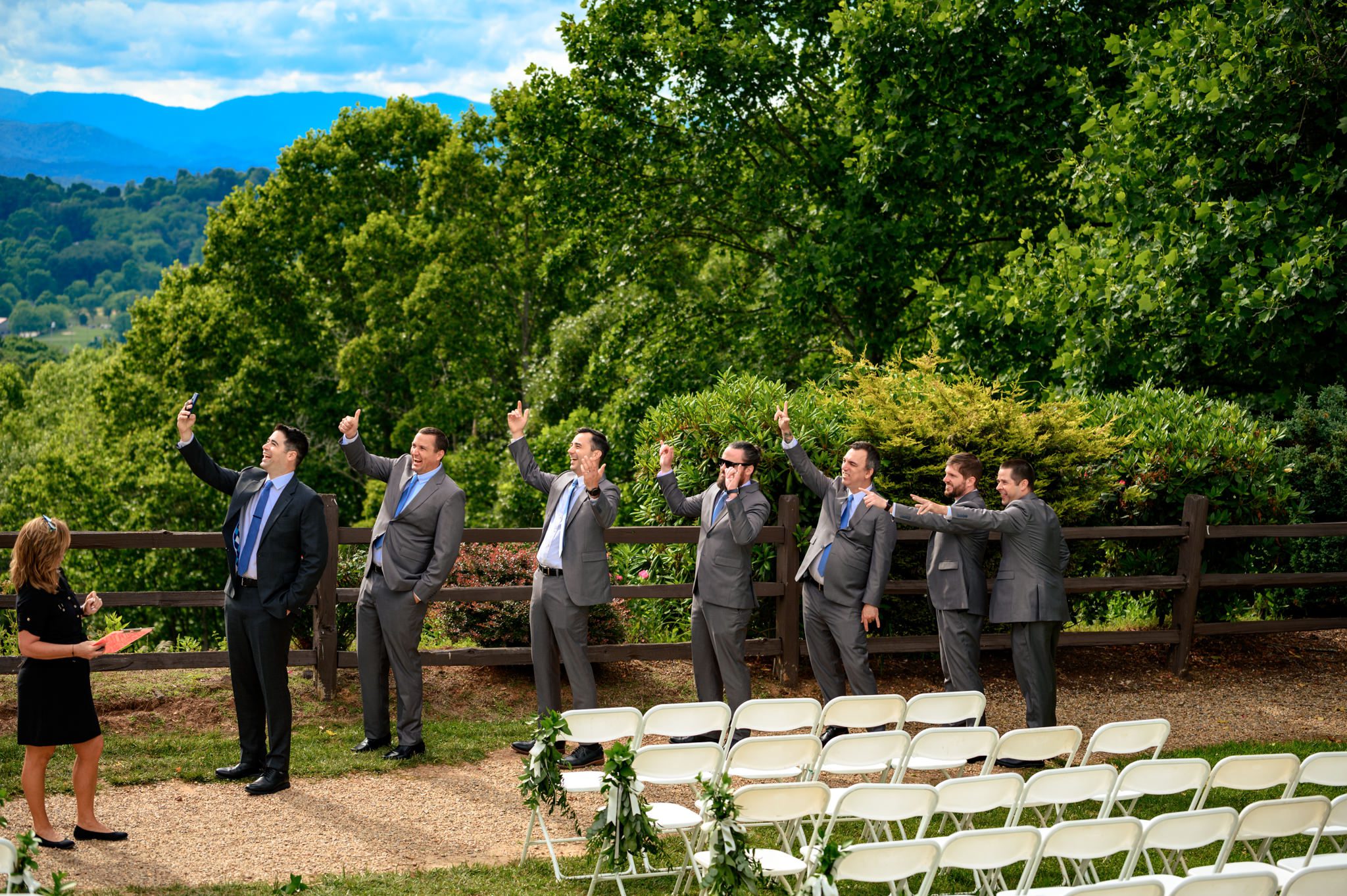 A group of groomsmen posing for a documentary wedding photographer at Crest Pavilion.