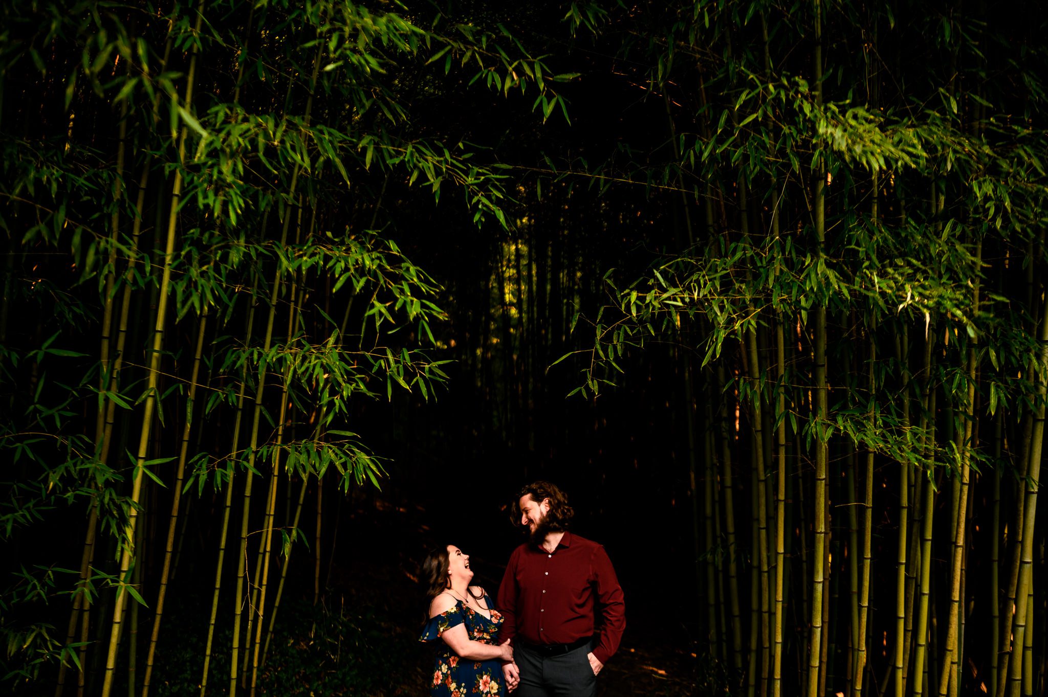 engaged couple standing in bamboo tunnel at biltmore estate