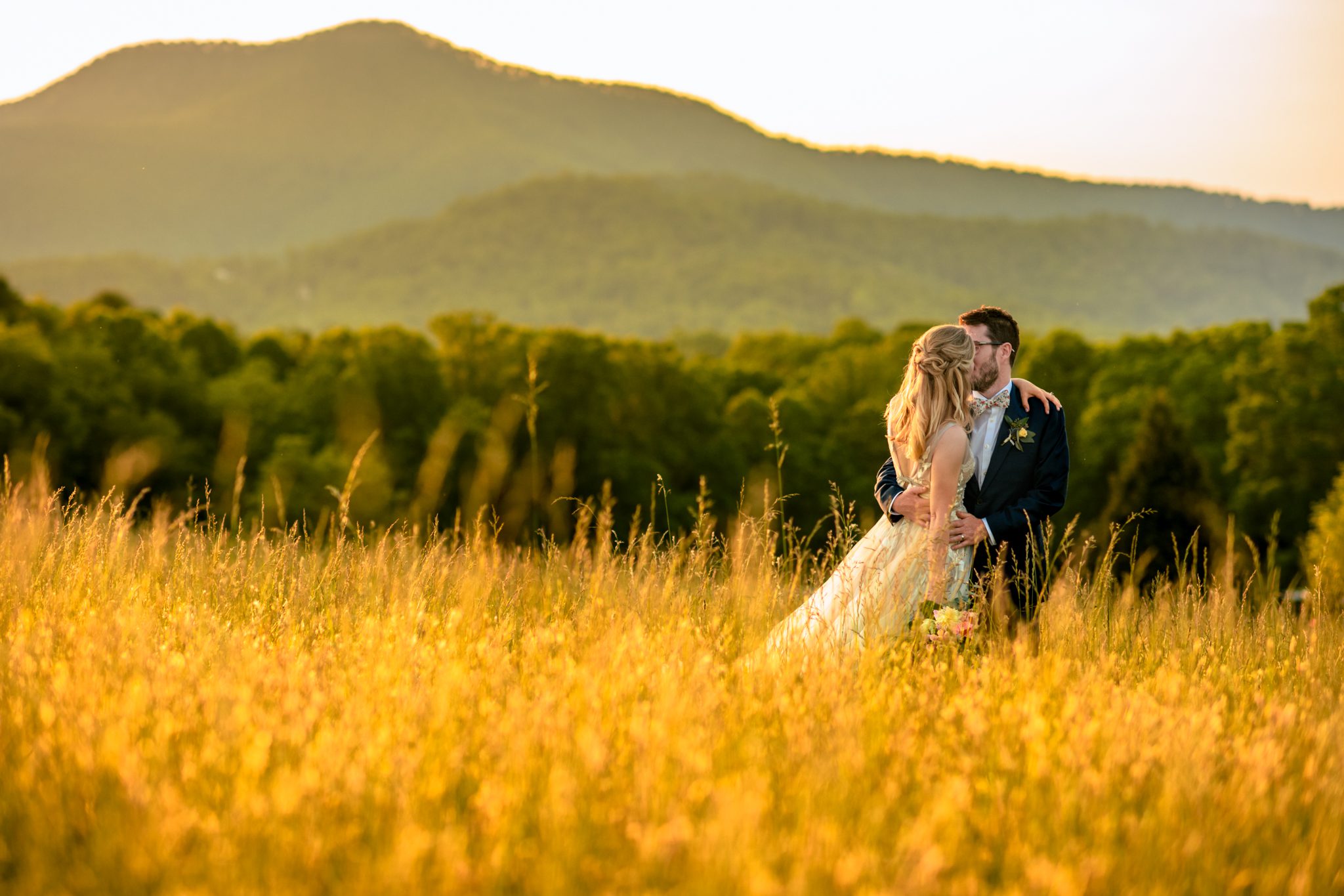 A bride and groom kissing in a field with mountains in the background.