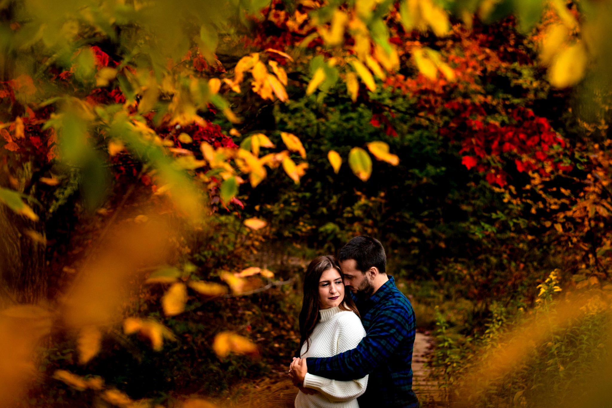 A couple stands underneath a yellow tree while taking fall portraits at graveyard fields in Asheville North Carolina