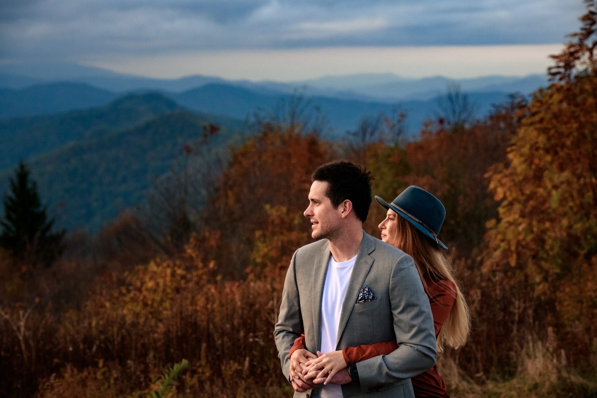 newly engaged couple at sam knob near black balsam knob for fall engagement session