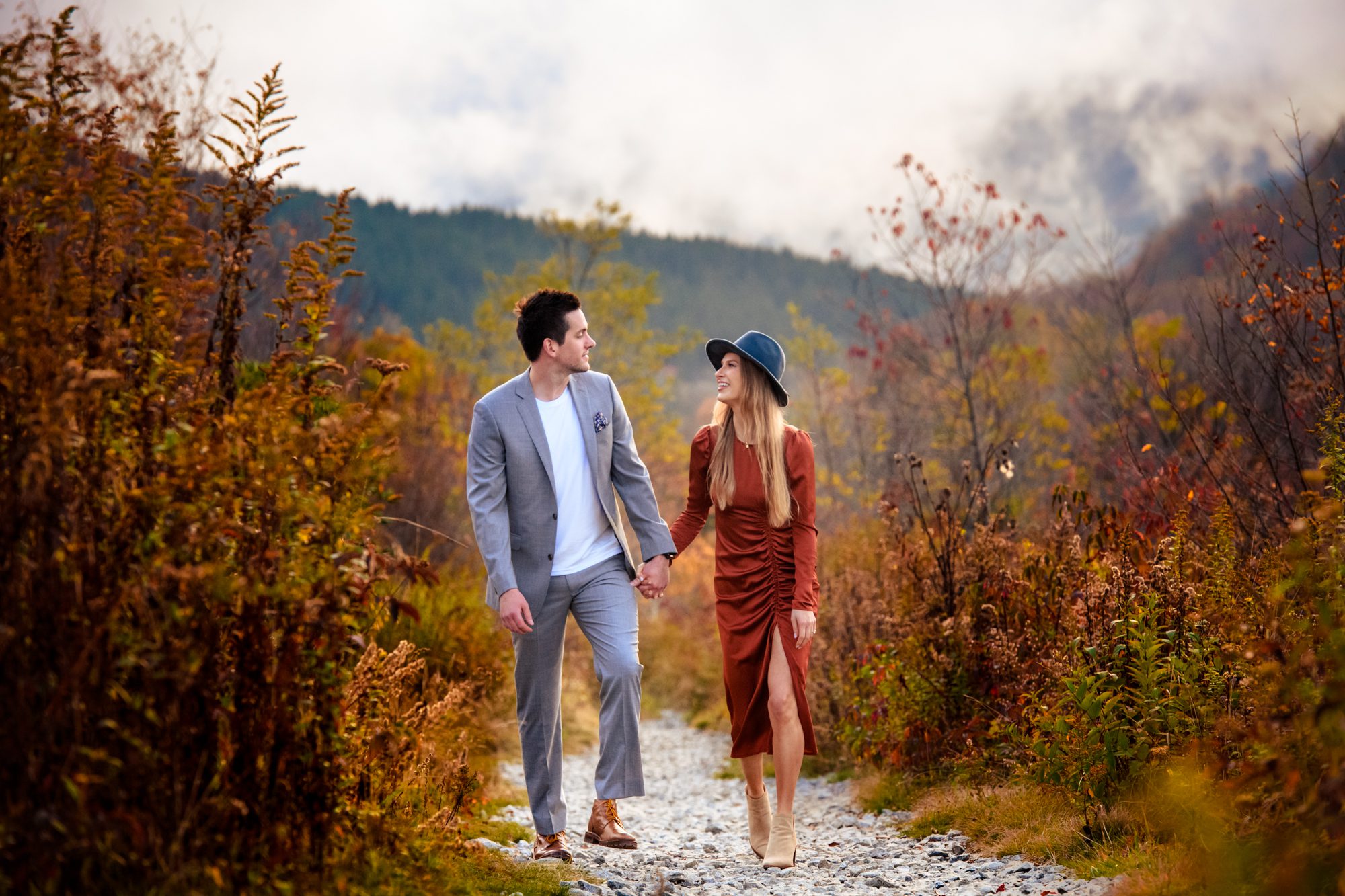 newly engaged couple at sam knob near black balsam knob for fall engagement session