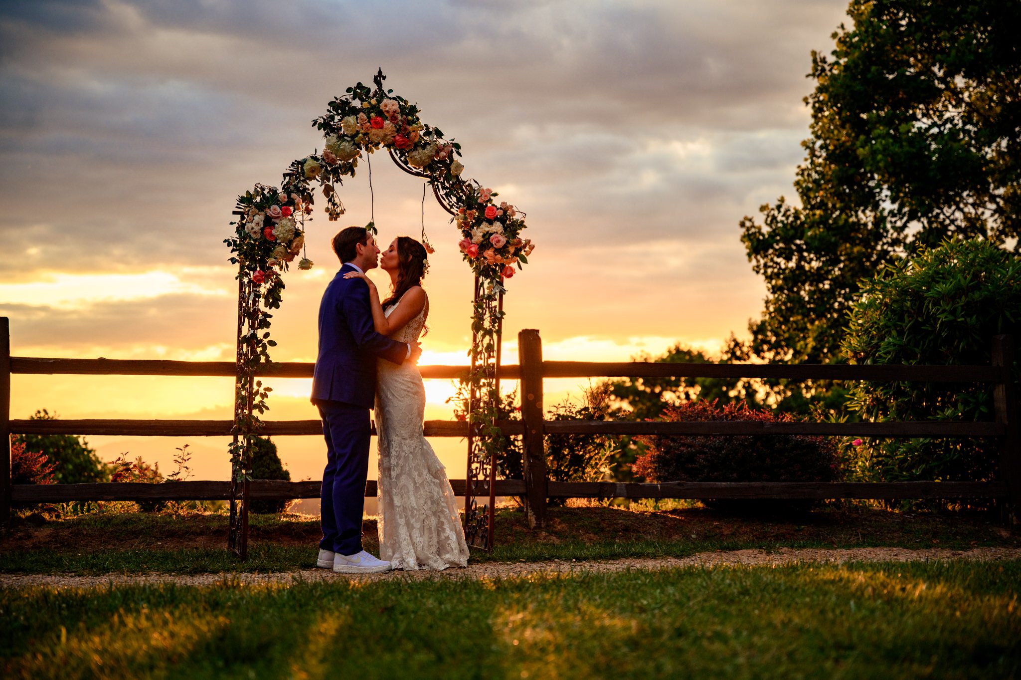 wedding ceremony on the lawn of crest pavilion with blue ridge mountains in background