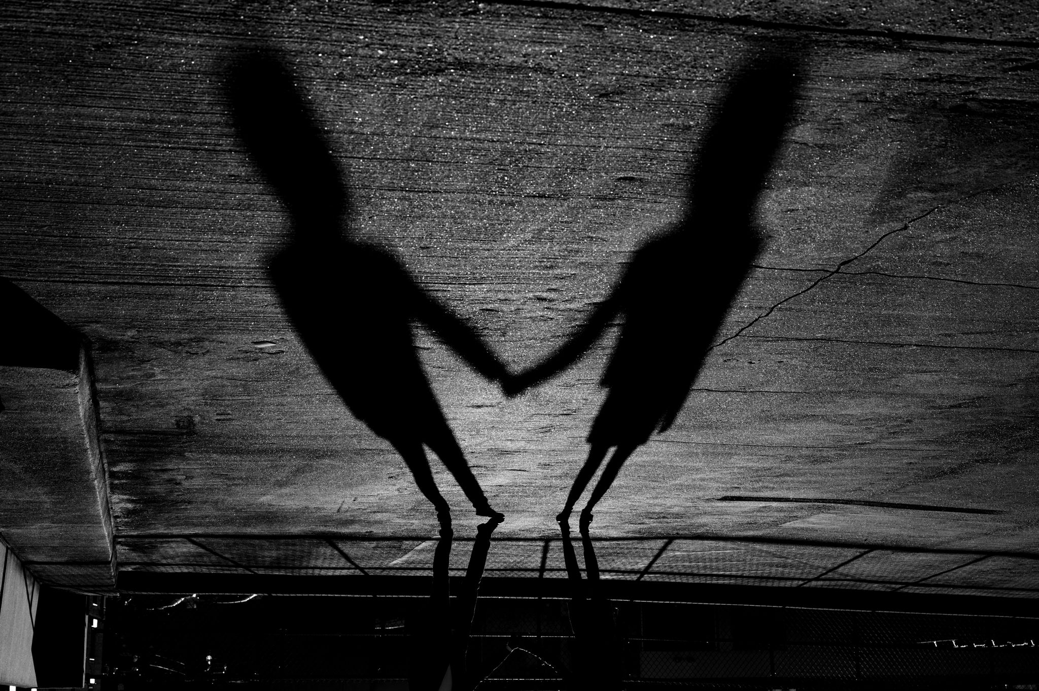shadows of engaged couple holding hands in downtown asheville