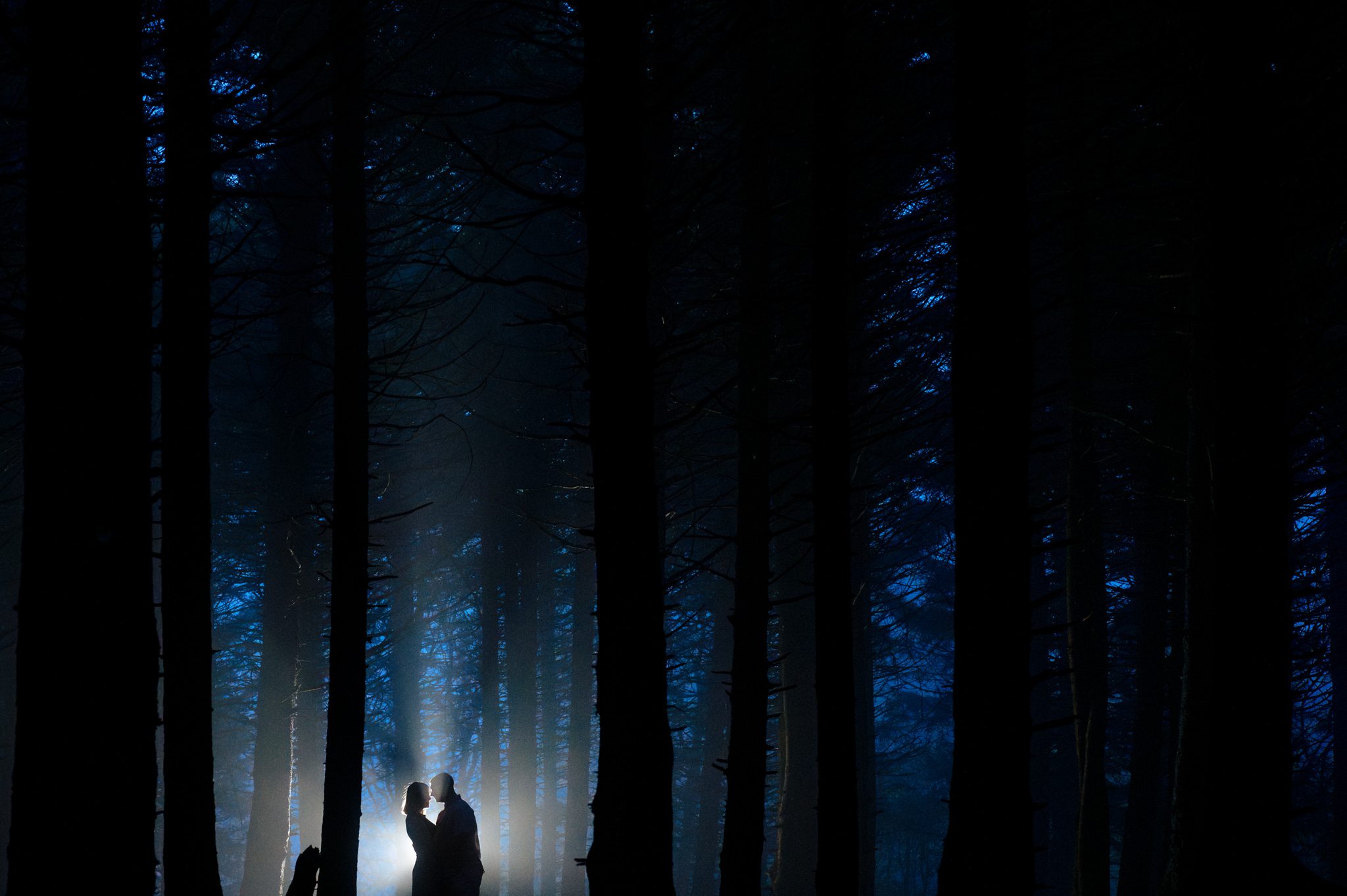 creative backlit engagement photo in a spruce forest with blue flash at black balsam knob