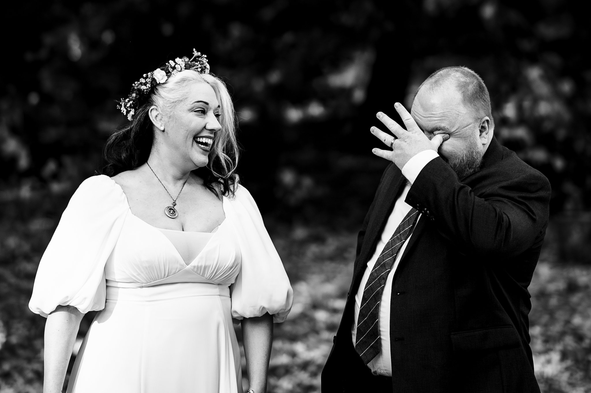 A black and white photography of a bride and groom laughing, perfect for portfolios.